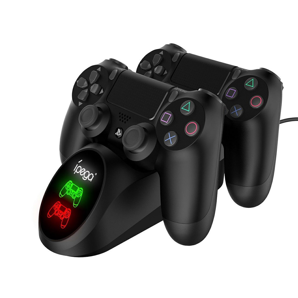 Zwei schwarze Controller auf einer Ladestation mit grünen und roten Ladeanzeigen.