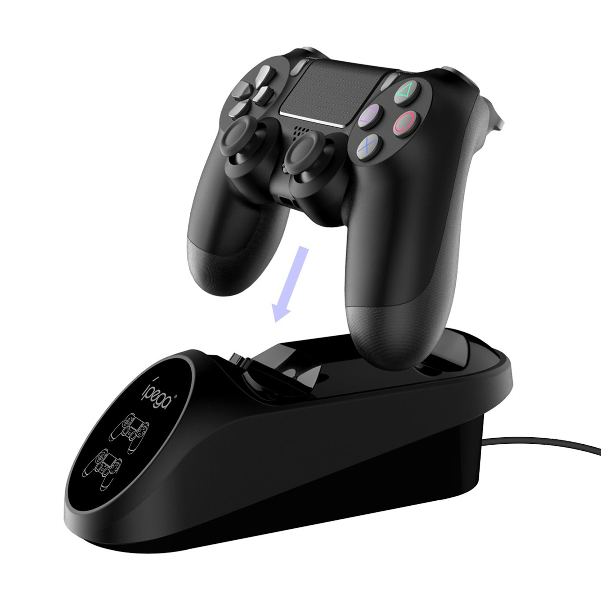 Schwarzer Gamecontroller lädt auf schwarzer Dual-Ladestation mit Pfeil.