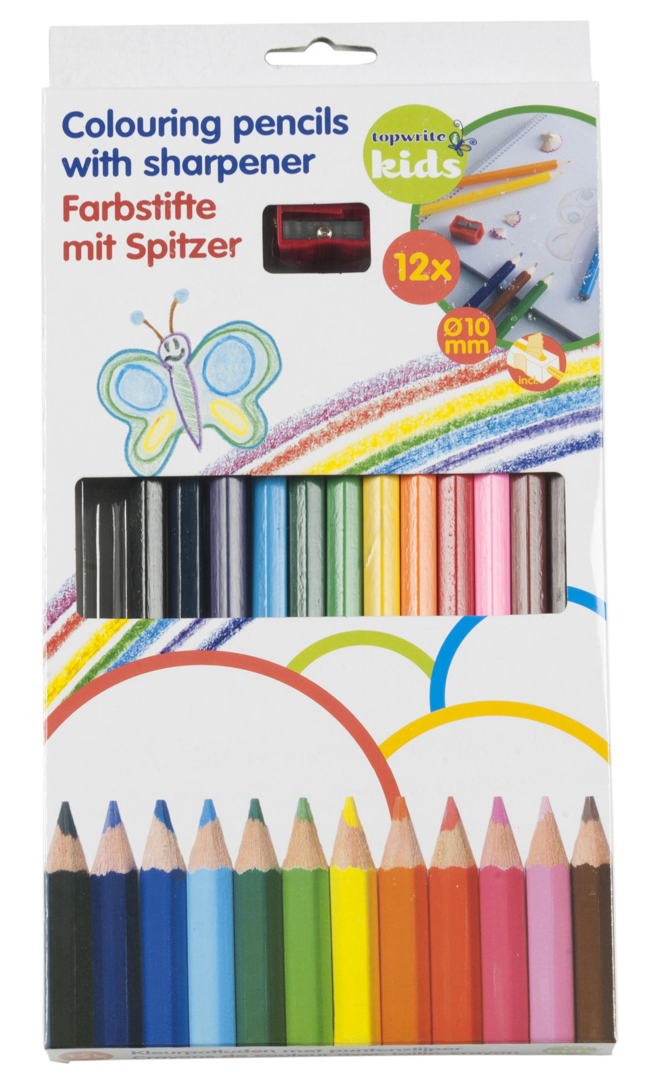 Verpackung mit 12 Buntstiften und Spitzer, mit Schmetterlingszeichnung.