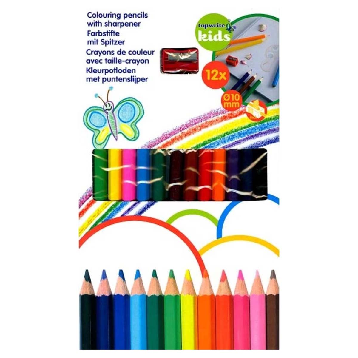 Buntstifte mit Spitzer, 12 Farben, Schmetterling und Regenbogenstreifen.