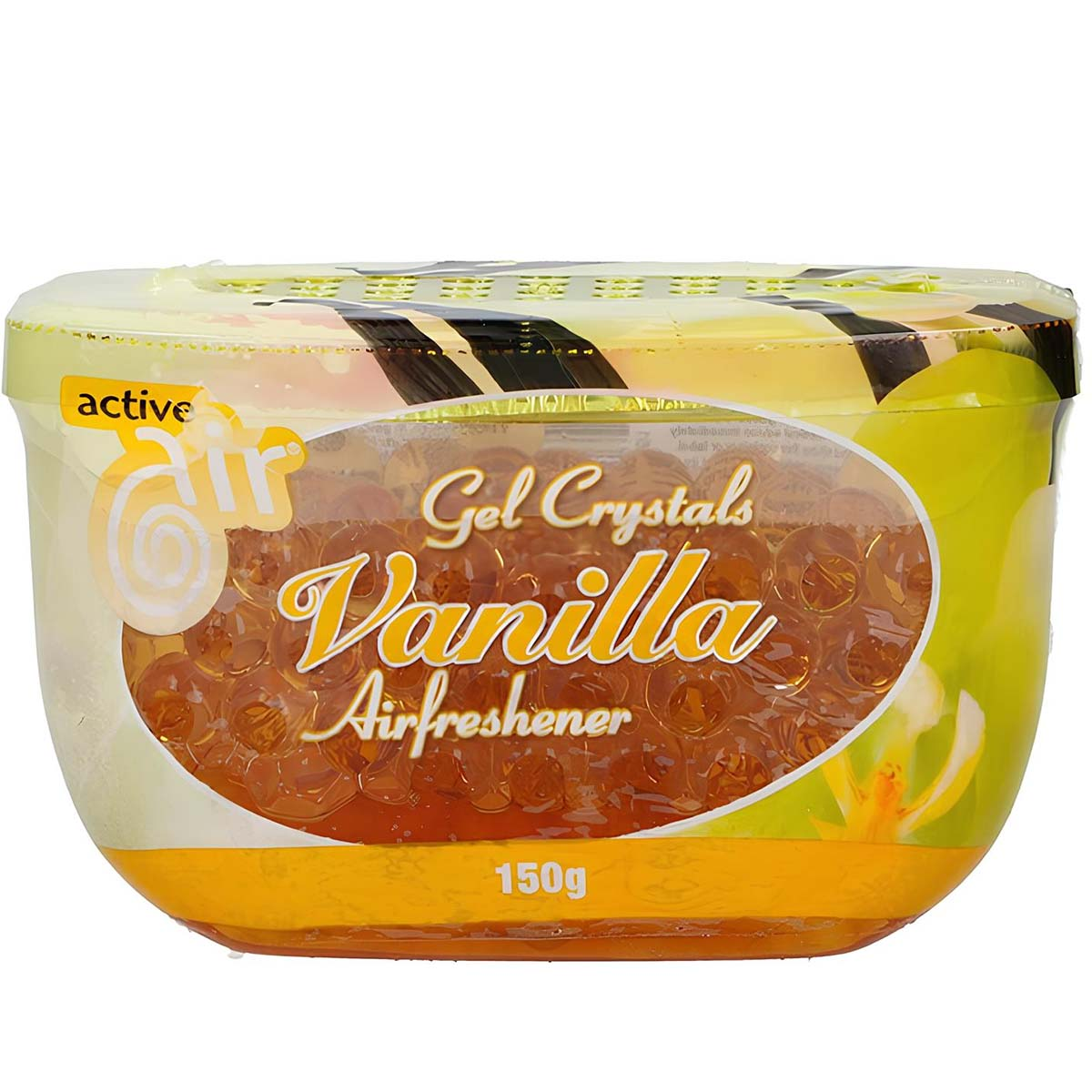 Ein durchsichtiger Behälter mit gelben und braunen Gelkristallen mit der Aufschrift "Vanilla Air Freshener".