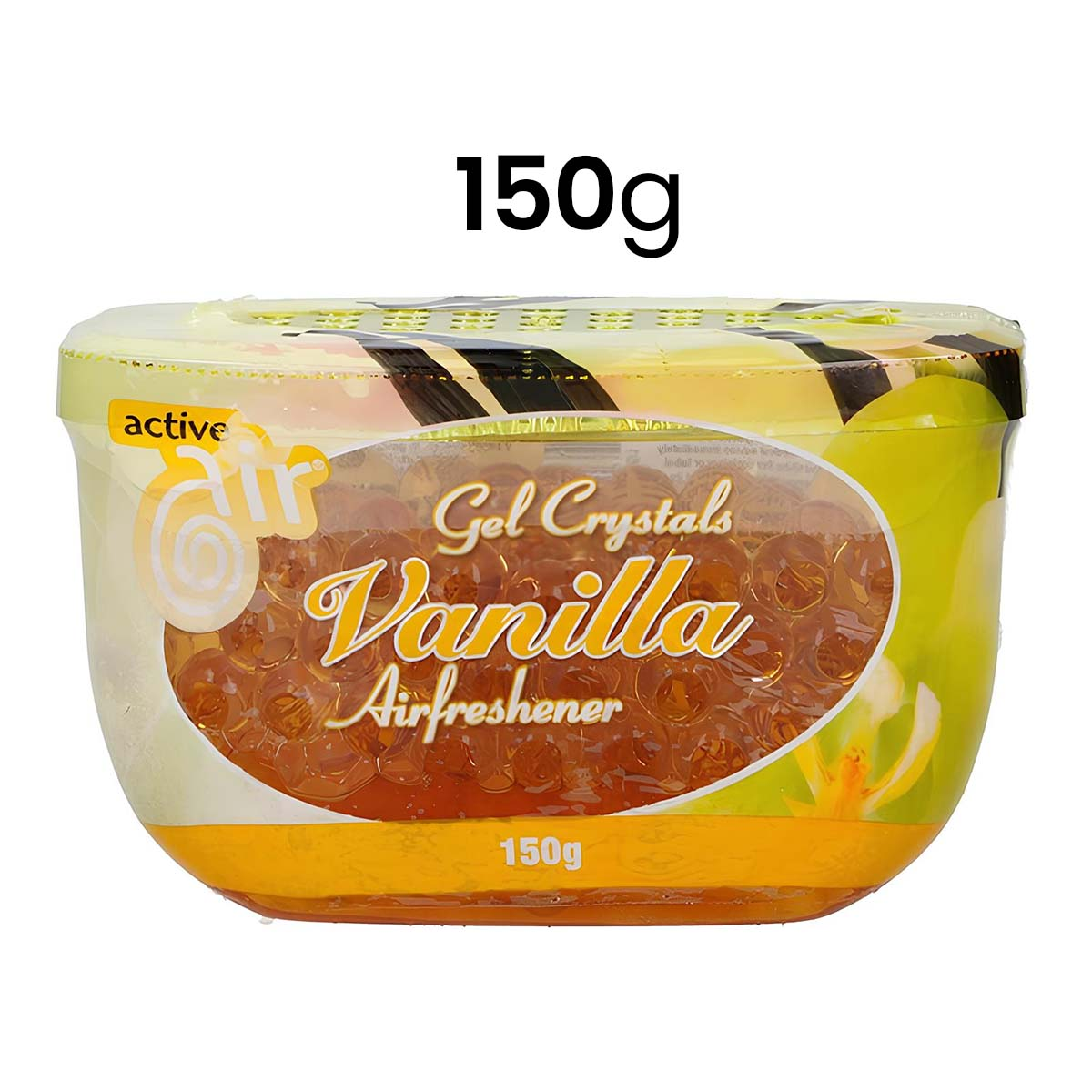 Ein Behälter mit Vanille-Gelkristallen, 150g, mit "active air" Logo.