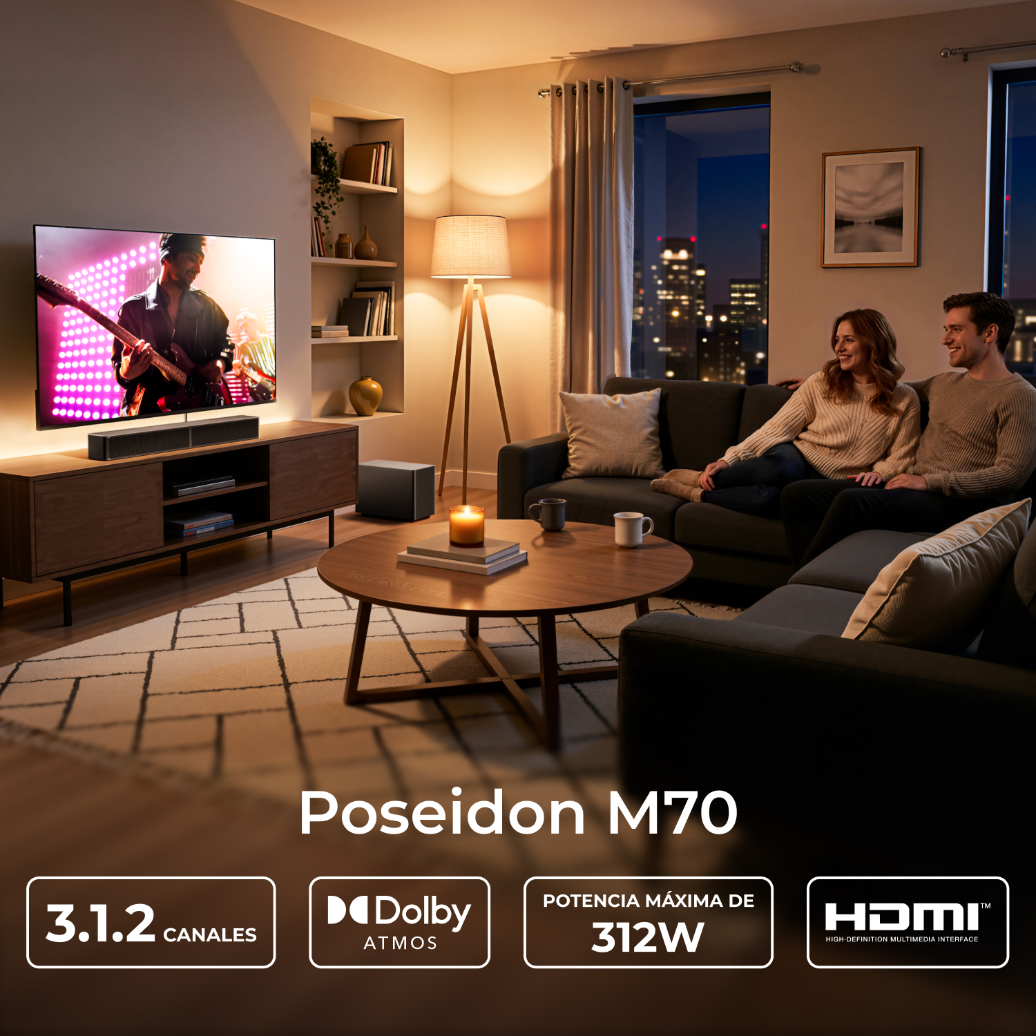 Una pareja disfruta de una película en un gran televisor en una sala moderna por la noche.