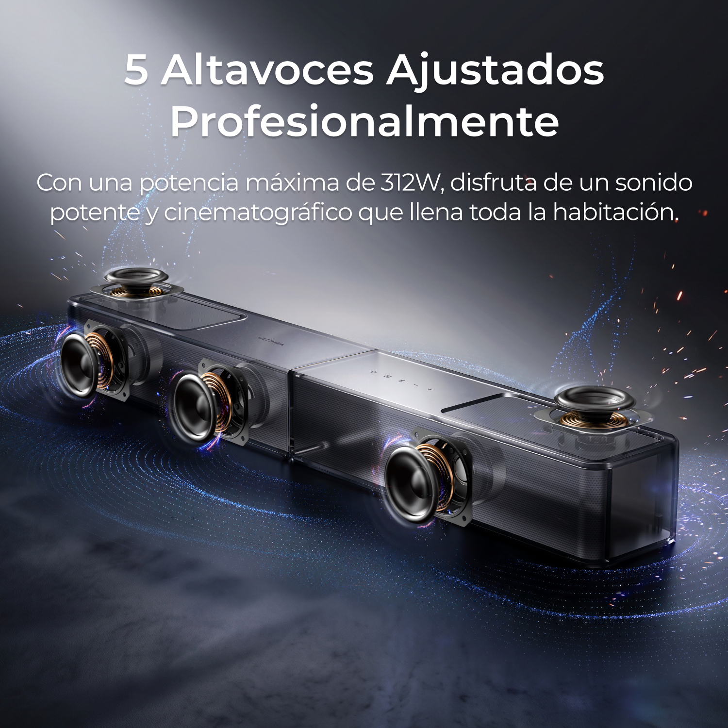 Una barra de sonido transparente con 5 altavoces expuestos y efectos de luz azul.