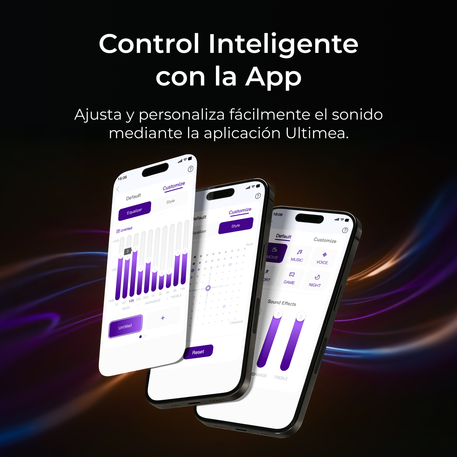 Tres smartphones muestran ajustes de ecualizador y sonido de una app sobre fondo oscuro.