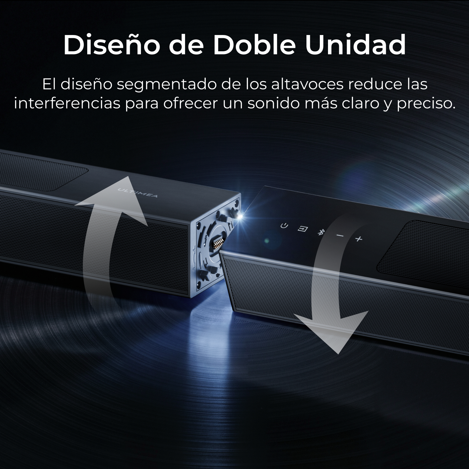 Dos unidades de altavoz negras se conectan. Flechas muestran la conexión.