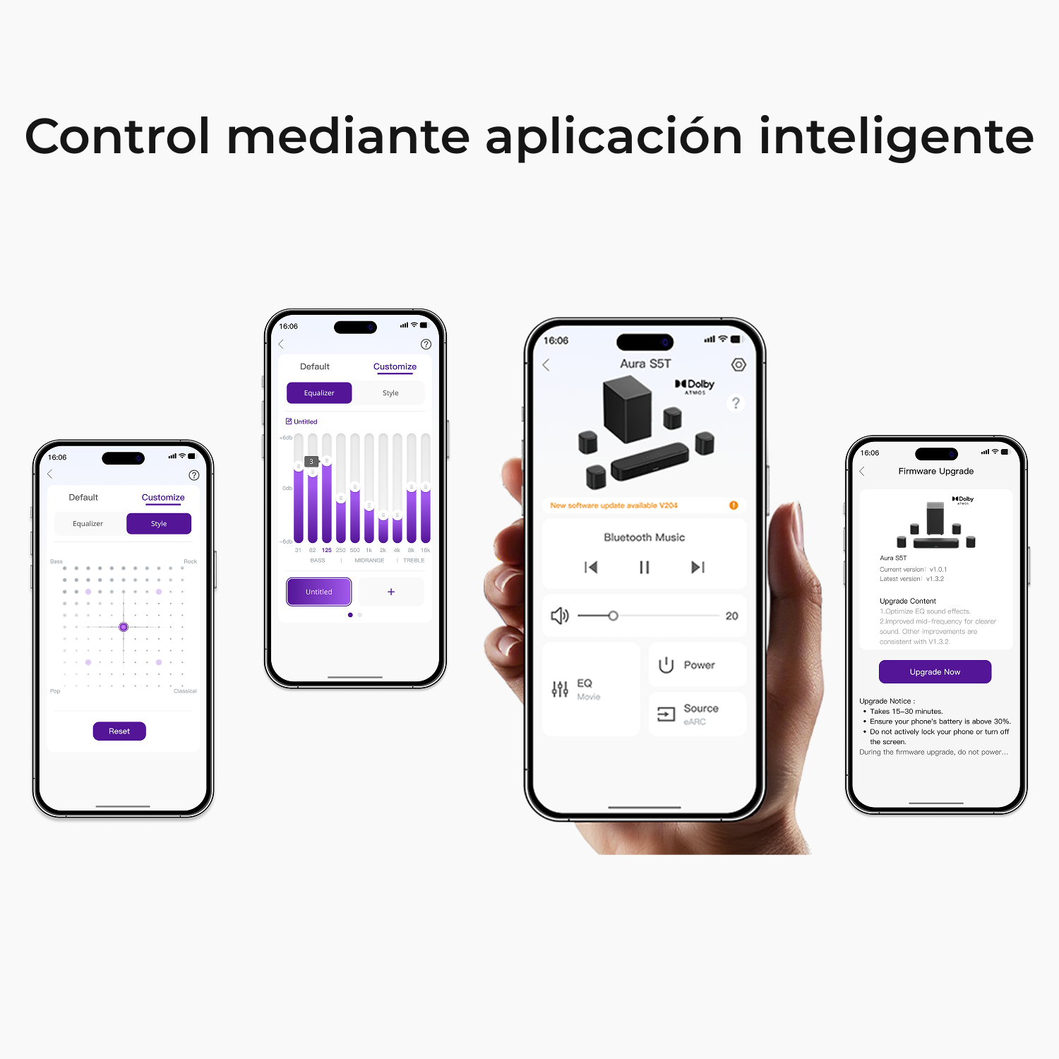 Varias pantallas de smartphone muestran una app de audio con ajustes de ecualizador y firmware.