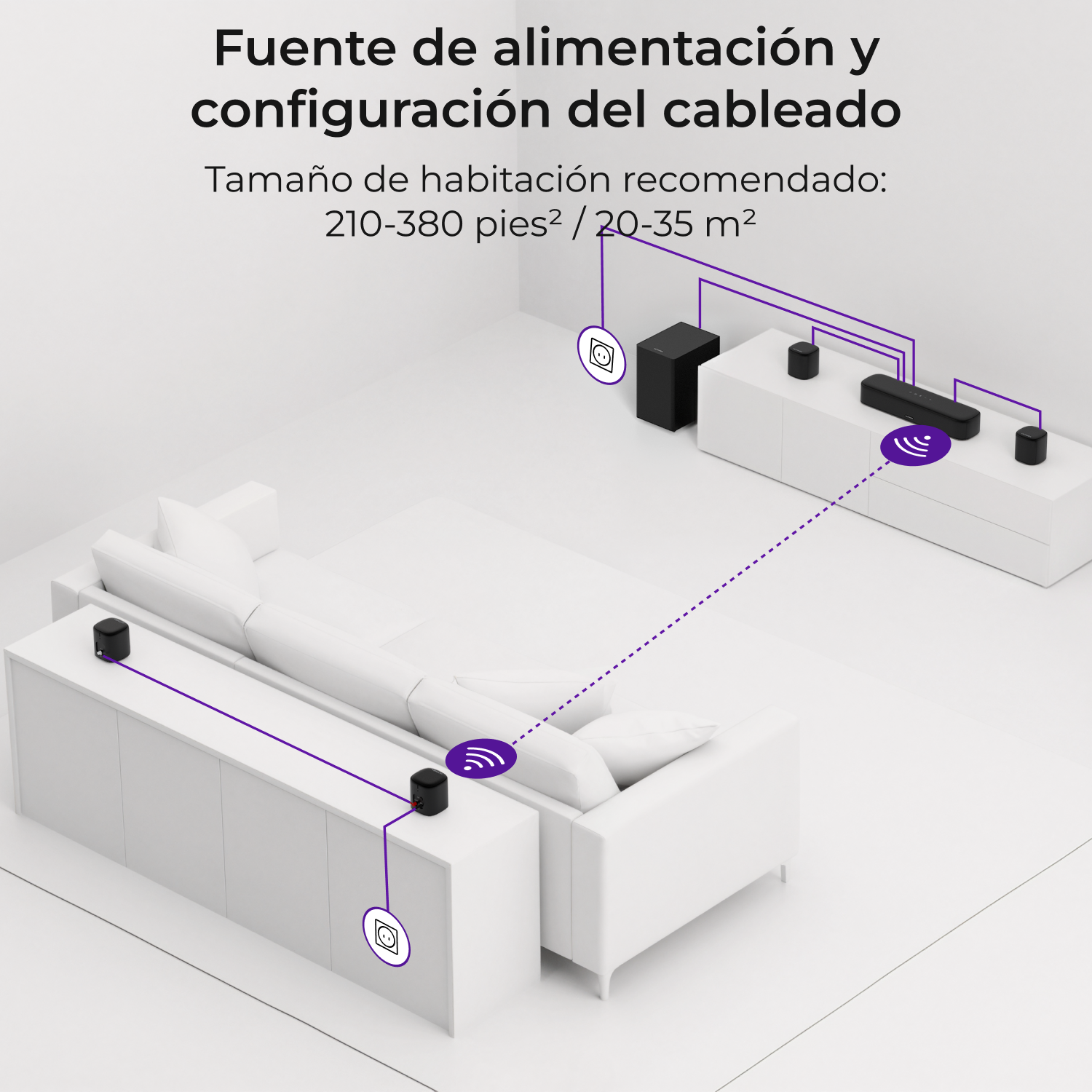 Una configuración de sala de estar con sofá blanco, gabinetes blancos y aparatos de audio negros.