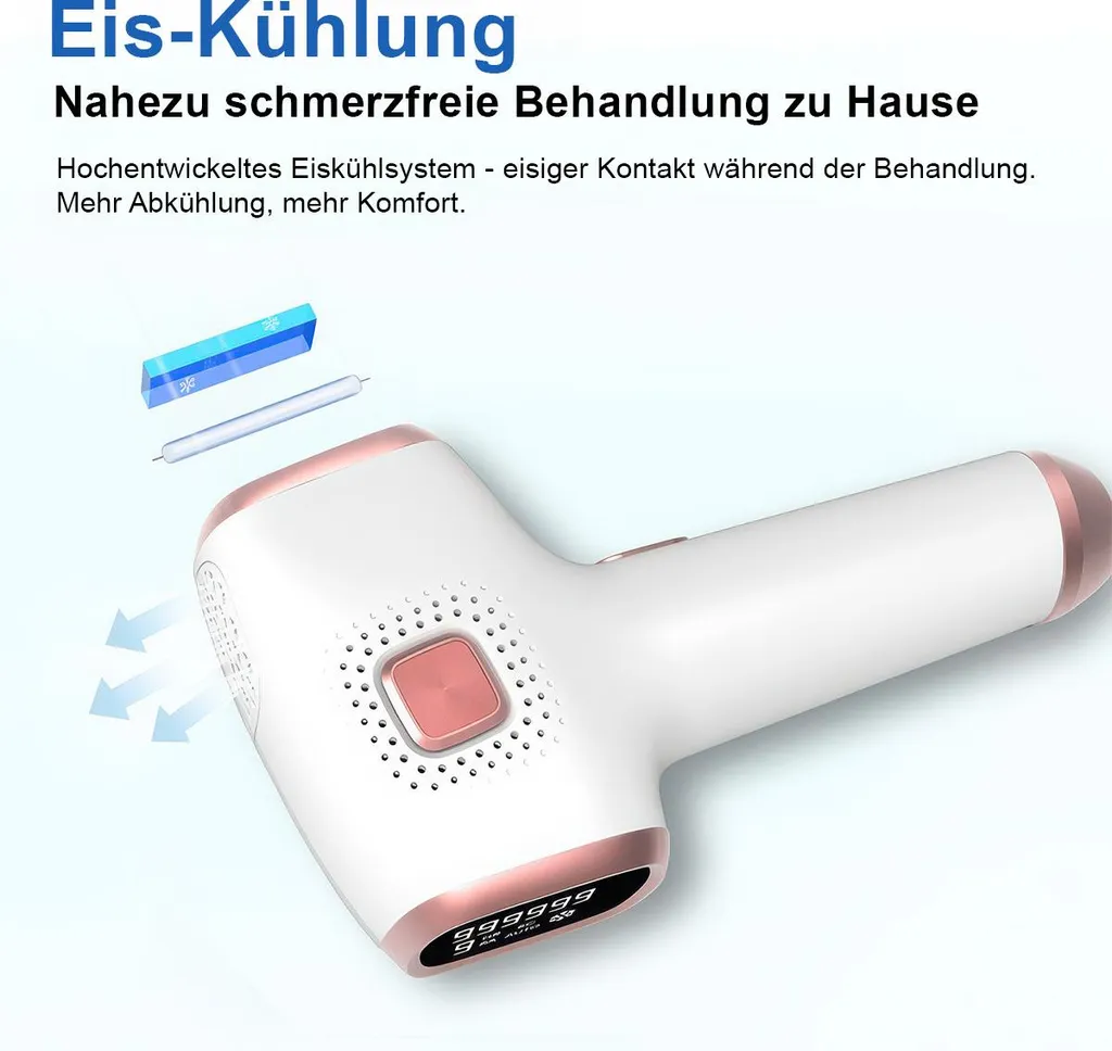 Ein weißes IPL-Haarentfernungsgerät mit Roségold-Akzenten und einem Bildschirm.