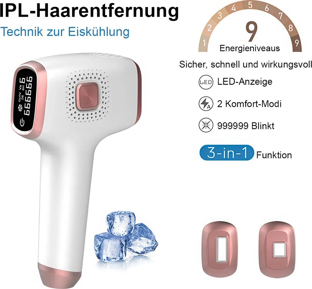 IPL-Haarentfernung Gerät mit Eiswürfeln, Anzeige 999999 und Bedienelementen.