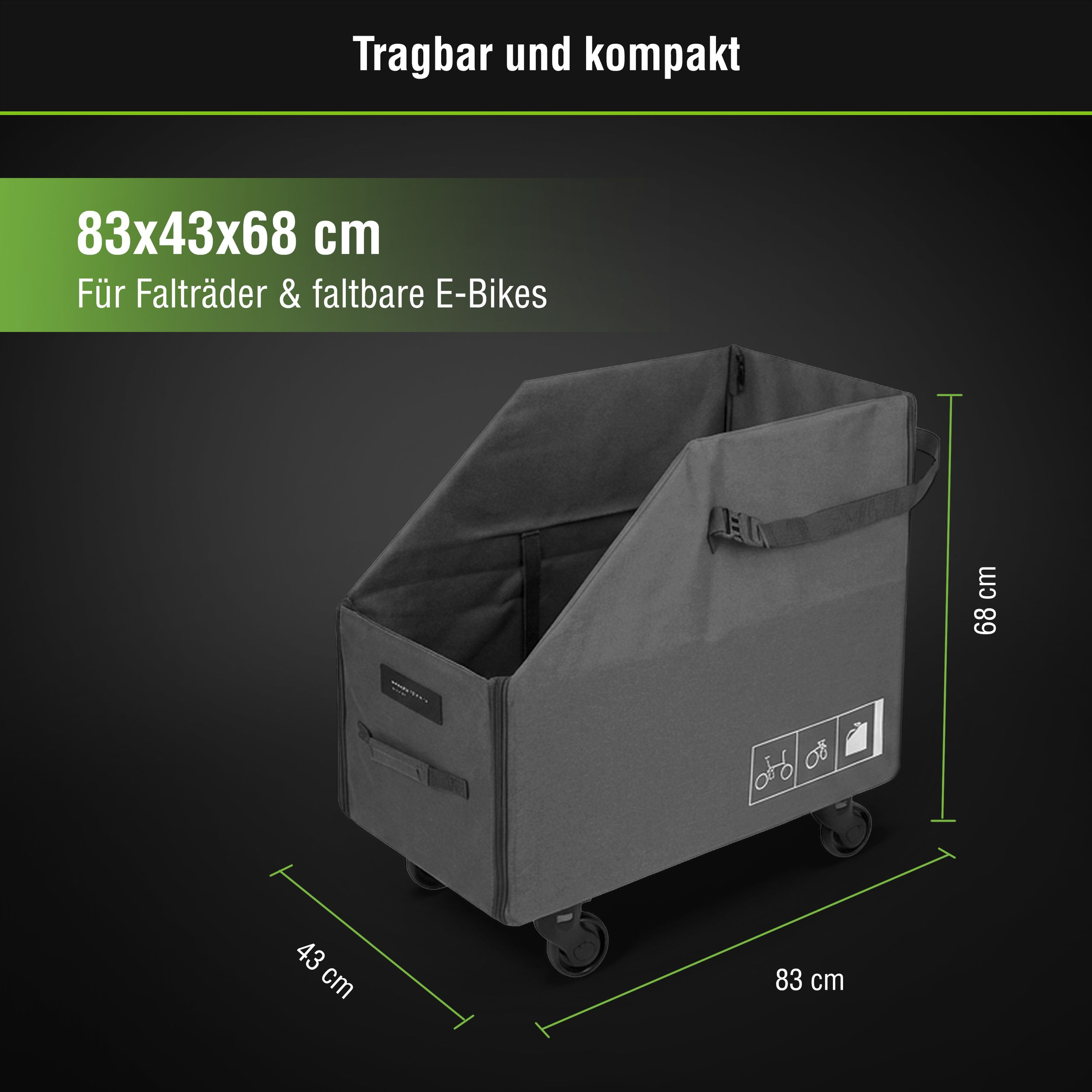 Graue faltbare Tasche mit Rollen, Maße 83x43x68 cm.
