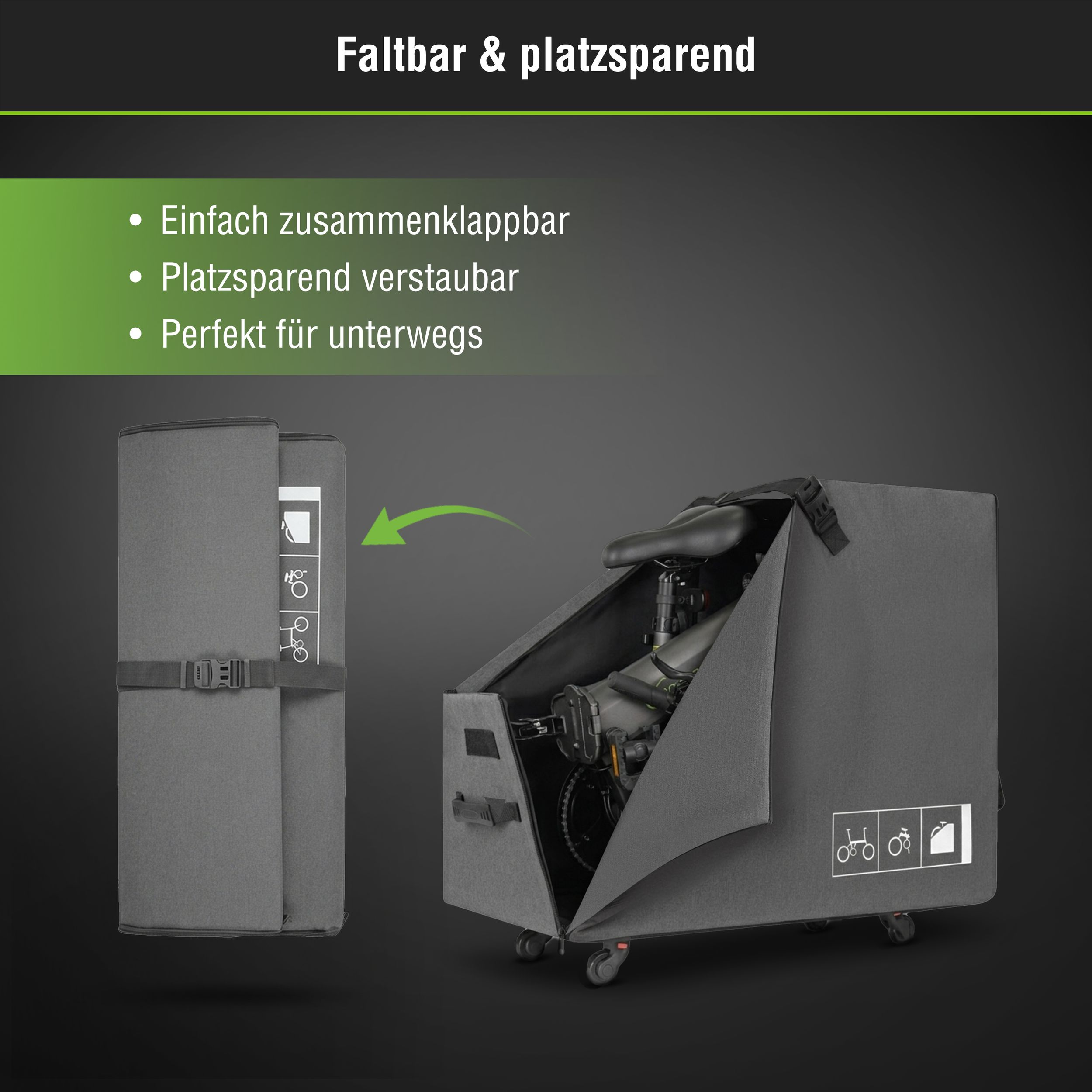Ein faltbarer Fahrradkoffer, teilweise geöffnet, mit einem Fahrrad darin.