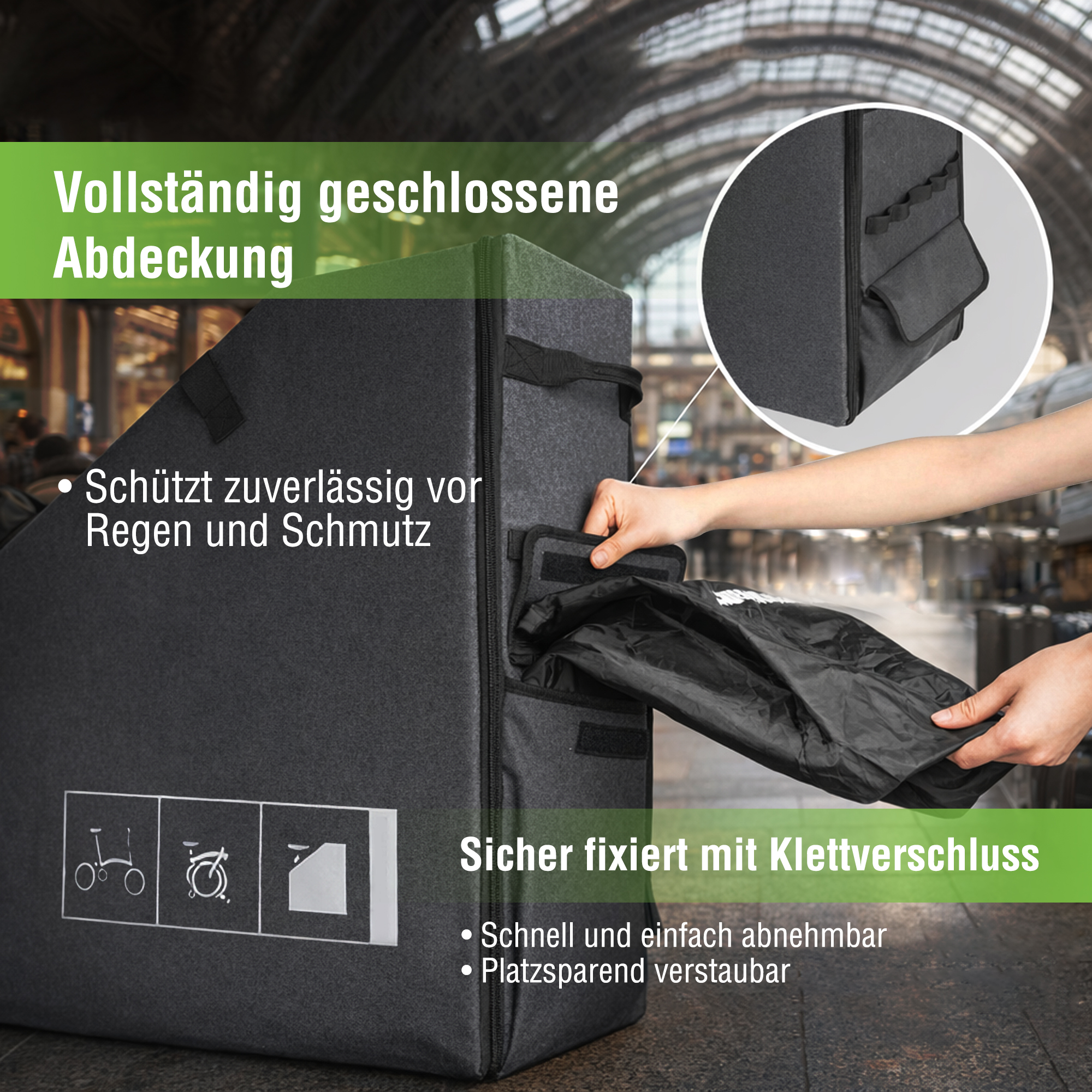 Eine graue Tasche mit Klettverschluss und Henkeln, Schutz vor Regen und Schmutz.