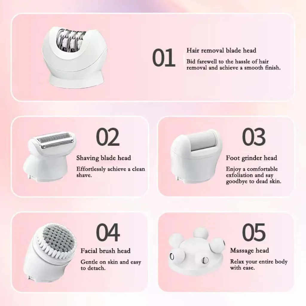 Fünf Aufsätze für ein Beauty-Gerät: Haarentfernung, Rasur, Fußpflege, Gesichtsreinigung, Massage.