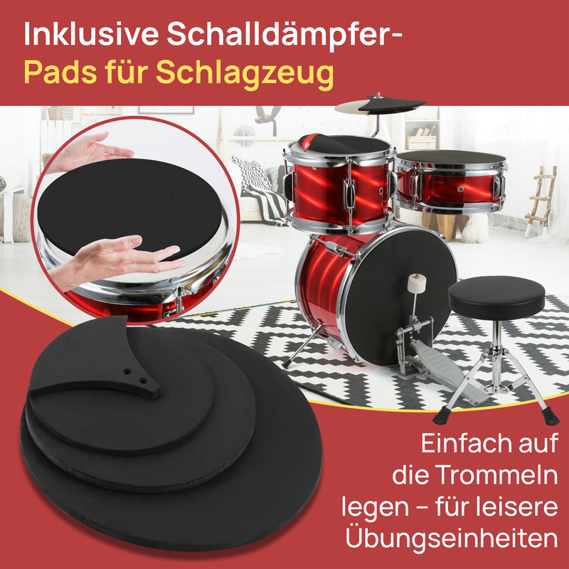 Schlagzeug mit Dämpfungs-Pads, die auf die Trommeln gelegt werden.