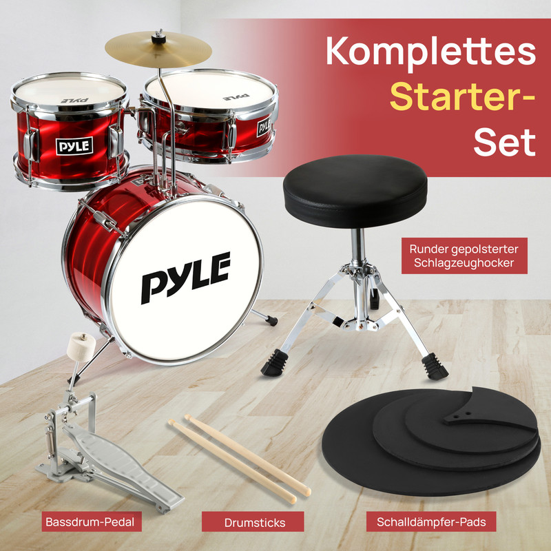 Ein rotes Schlagzeug-Starterset mit Hocker, Pedal, Sticks und Dämpfern.