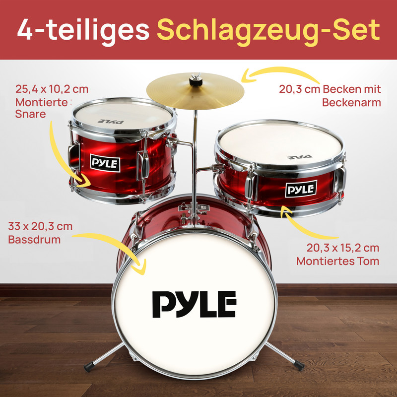 Ein rotes 4-teiliges Schlagzeug-Set mit Becken und den Maßen der einzelnen Teile.