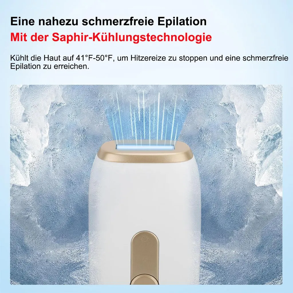 Ein weißes Gerät mit Saphir-Kühltechnologie kühlt die Haut mit blauen Strahlen.