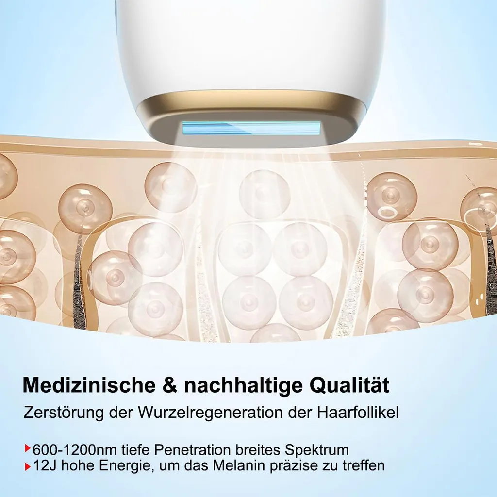 Hautschicht mit Haarfollikeln, die von einem Gerät mit Licht behandelt wird.