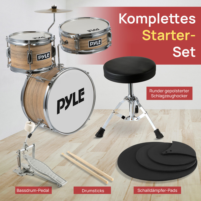 Ein Pyle Schlagzeug-Starter-Set mit Hocker, Pedalen, Sticks und Dämpfern.