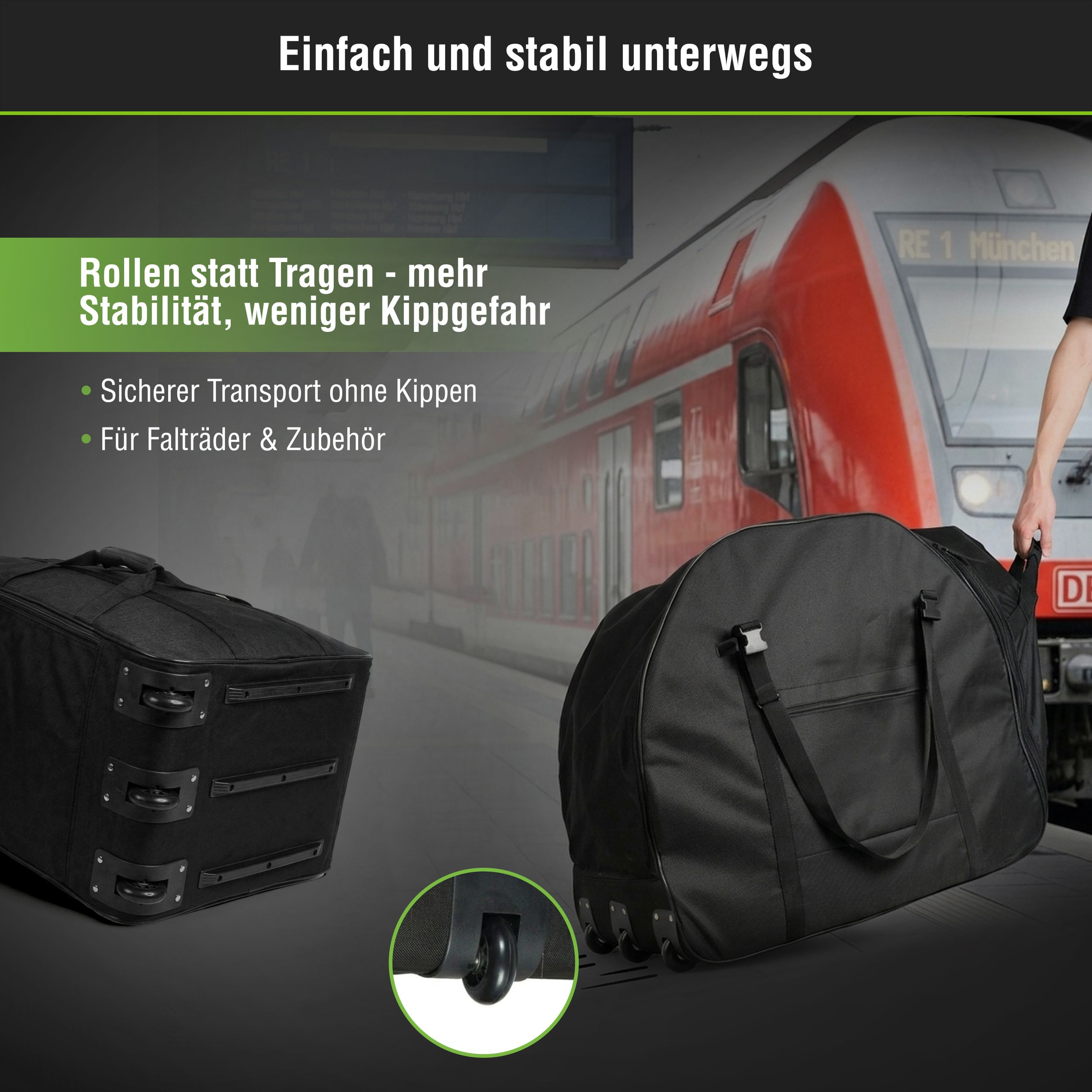 Zwei schwarze Reisetaschen mit Rollen stehen vor einem roten Zug am Bahnsteig.