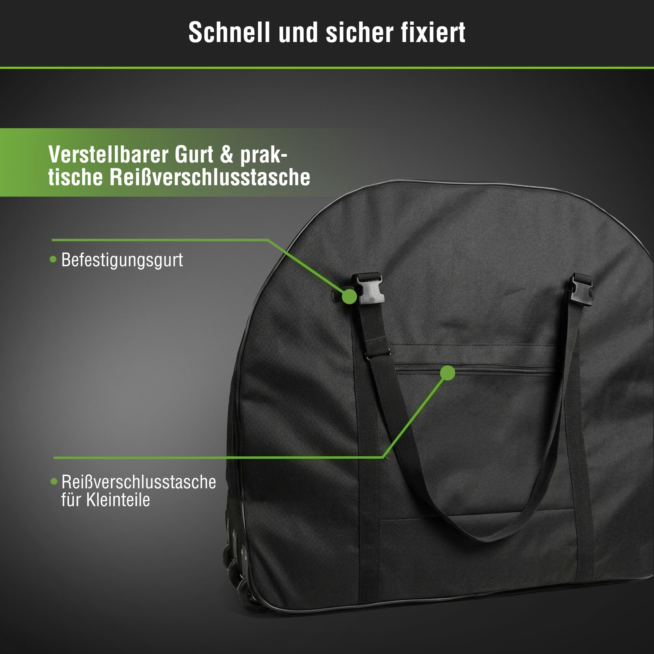 Schwarze Tasche mit Gurt und Reißverschlusstasche für Kleinteile.