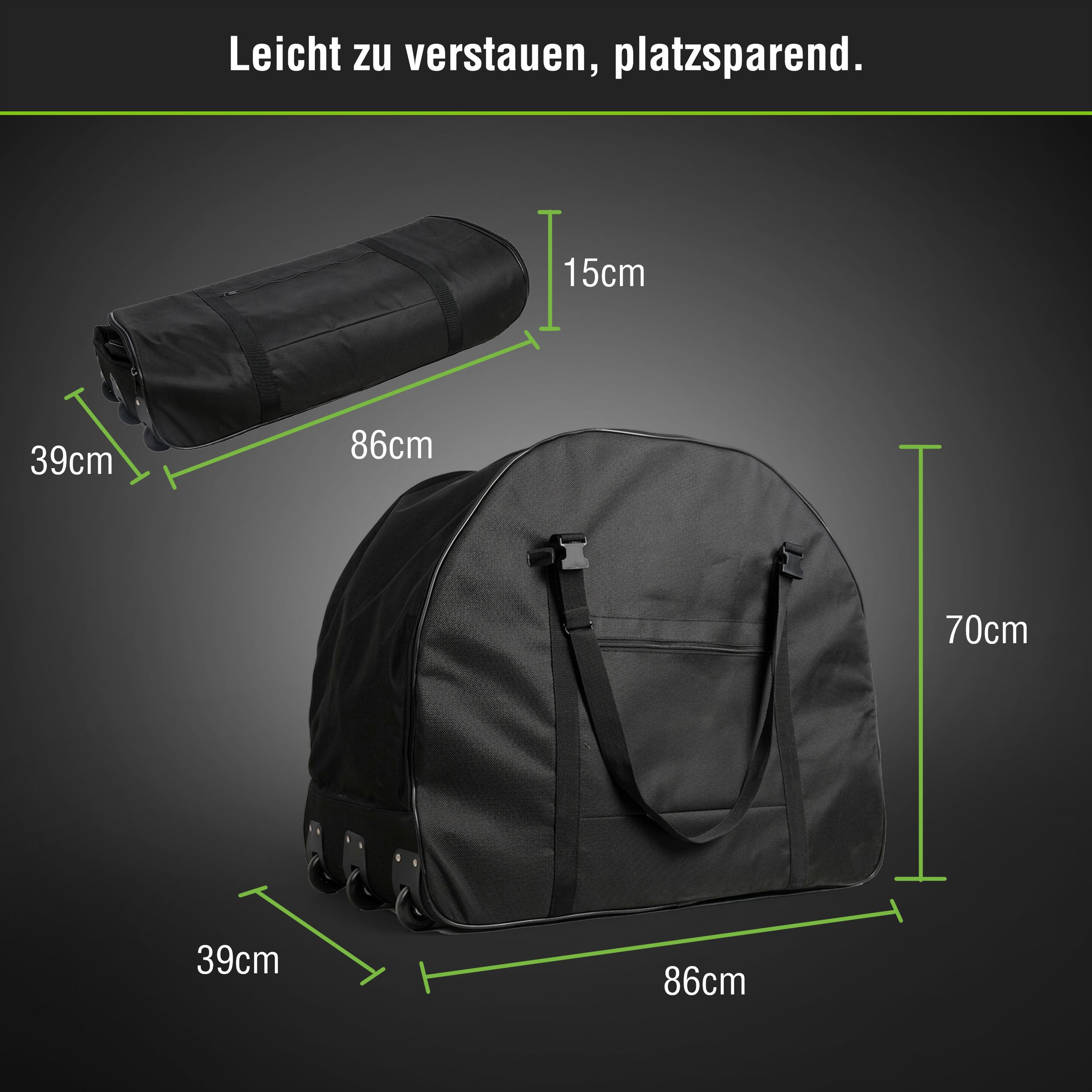 Zwei schwarze Reisetaschen, eine liegend (86x39x15cm), eine stehend (86x70x39cm).