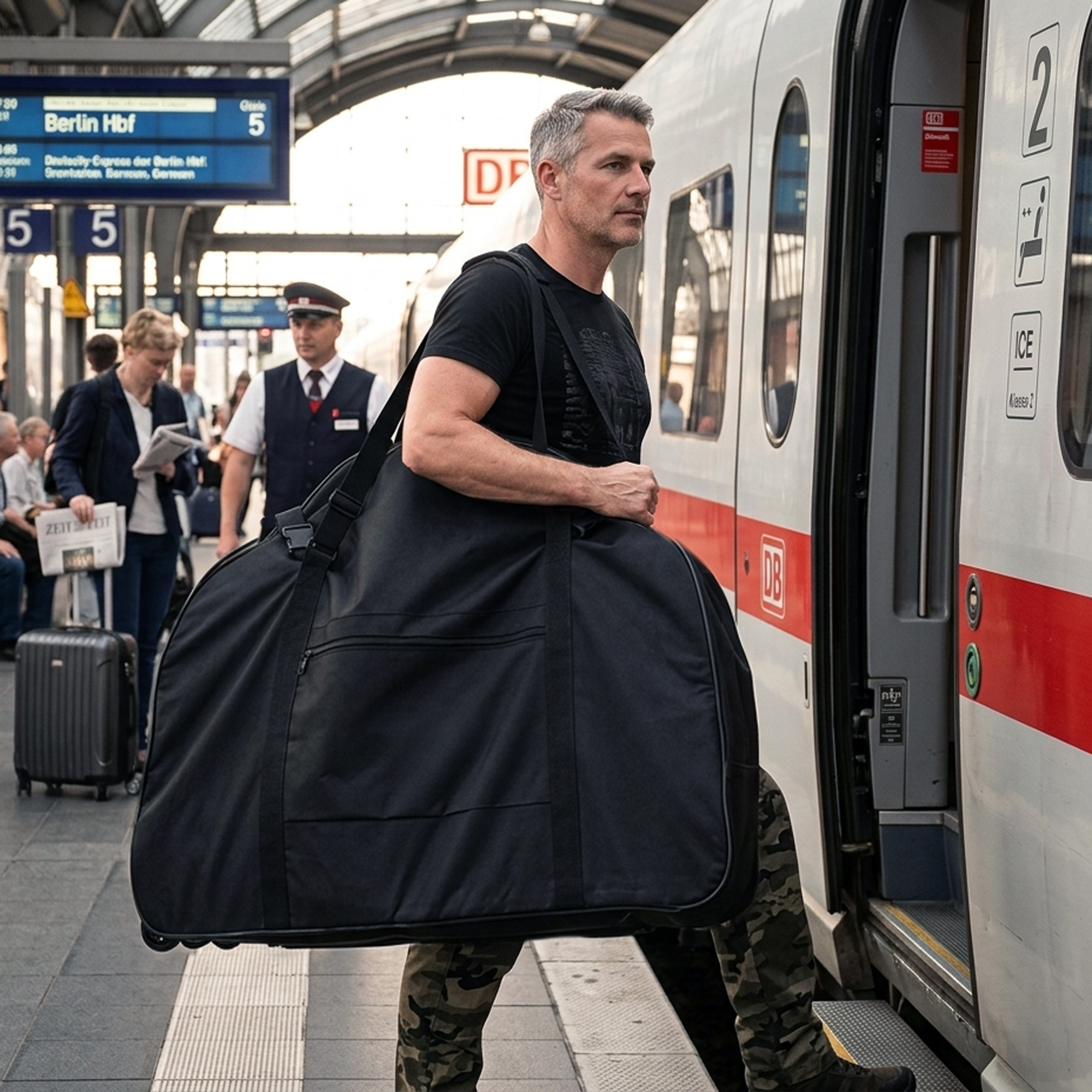 Mann mit schwarzer Reisetasche steigt in ICE am Bahnhof Berlin Hbf.