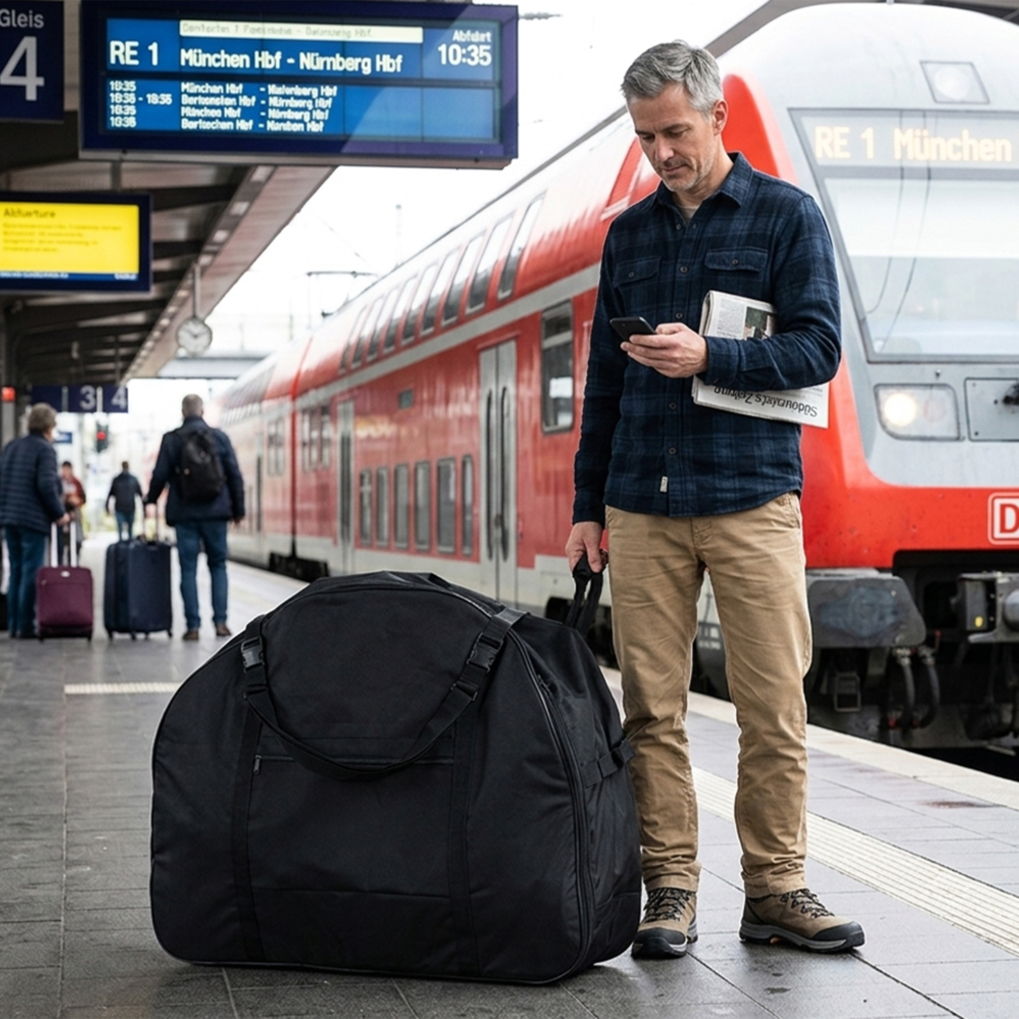Mann mit Handy am Bahnsteig neben großem schwarzen Gepäck, Zug im Hintergrund.