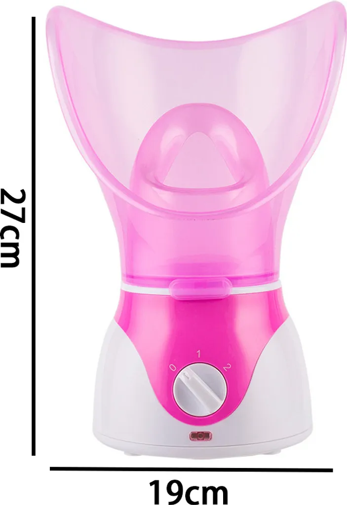 Ein pink-weißer Gesichtsbedampfer mit klar-pinkem Oberteil. Er hat ein Drehrad und eine Kontrollleuchte.