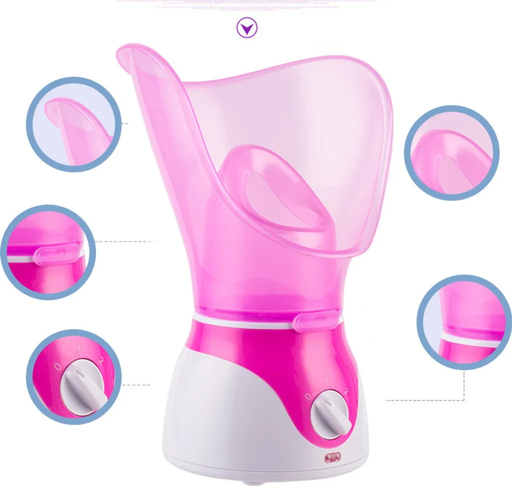Ein pinker Gesichts-Dampfer mit weißem Sockel und Bedienelementen.