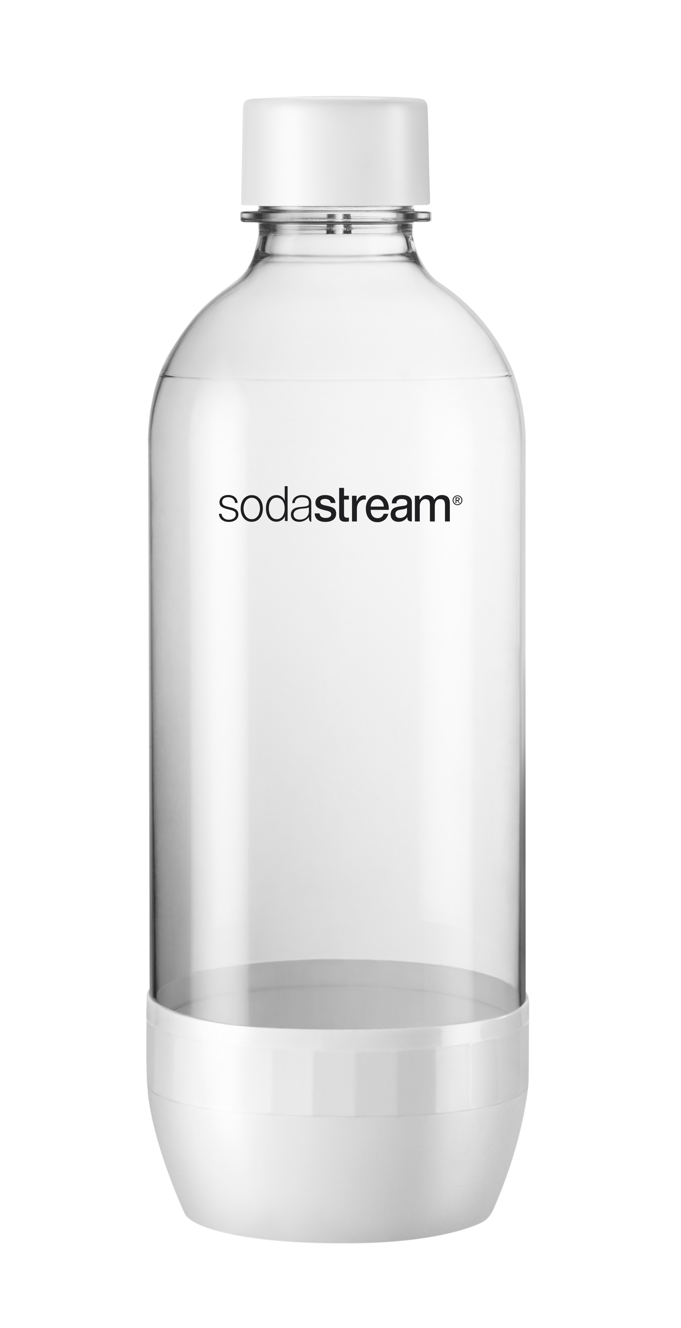 Eine klare Sodastream-Flasche mit weißem Deckel und Sockel.