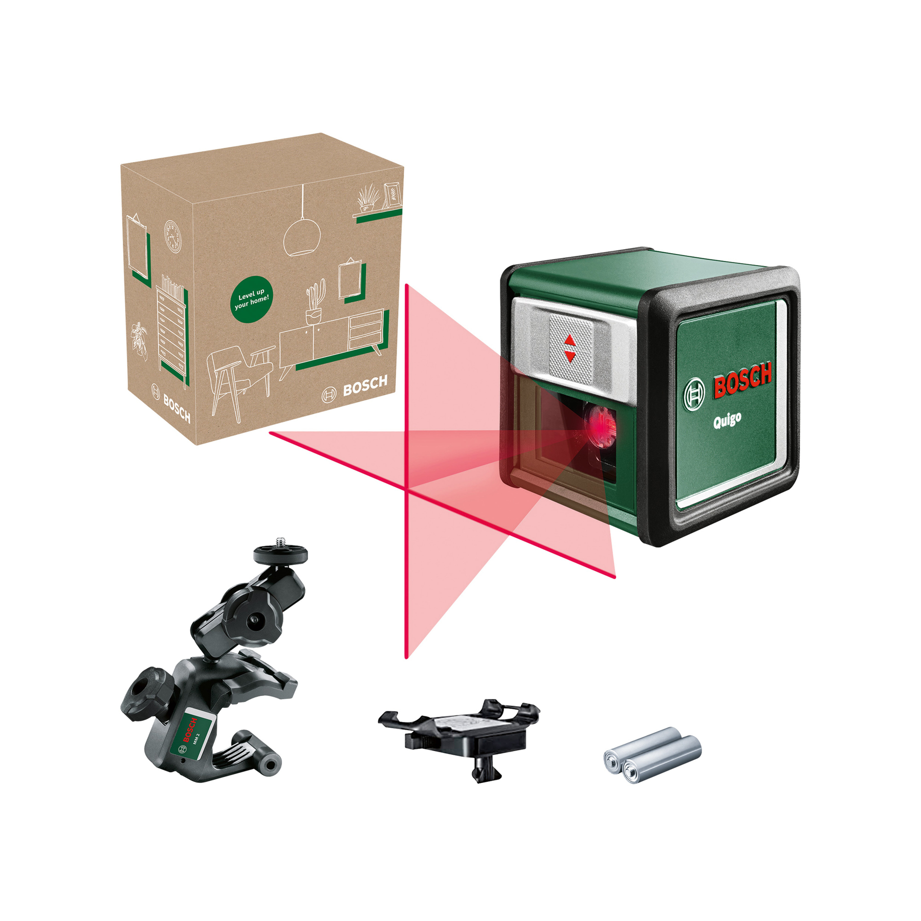 Bosch Laser-Wasserwaage, Halterung, Handyhalter, Batterien und Karton mit Haussymbolen.