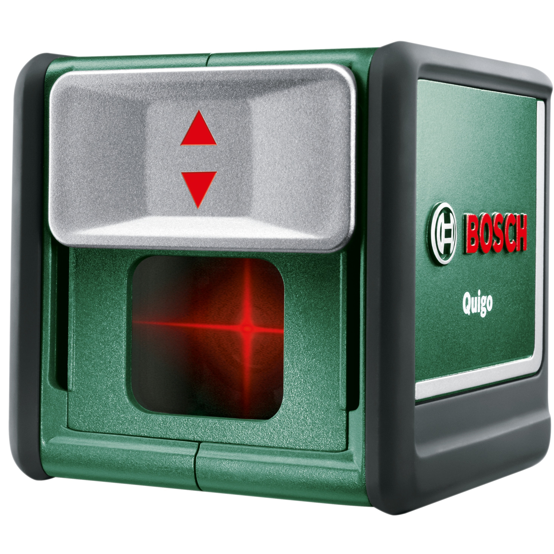 Ein grünes Bosch Quigo Laser-Nivelliergerät mit roten Pfeilen und einem roten Laserkreuz.