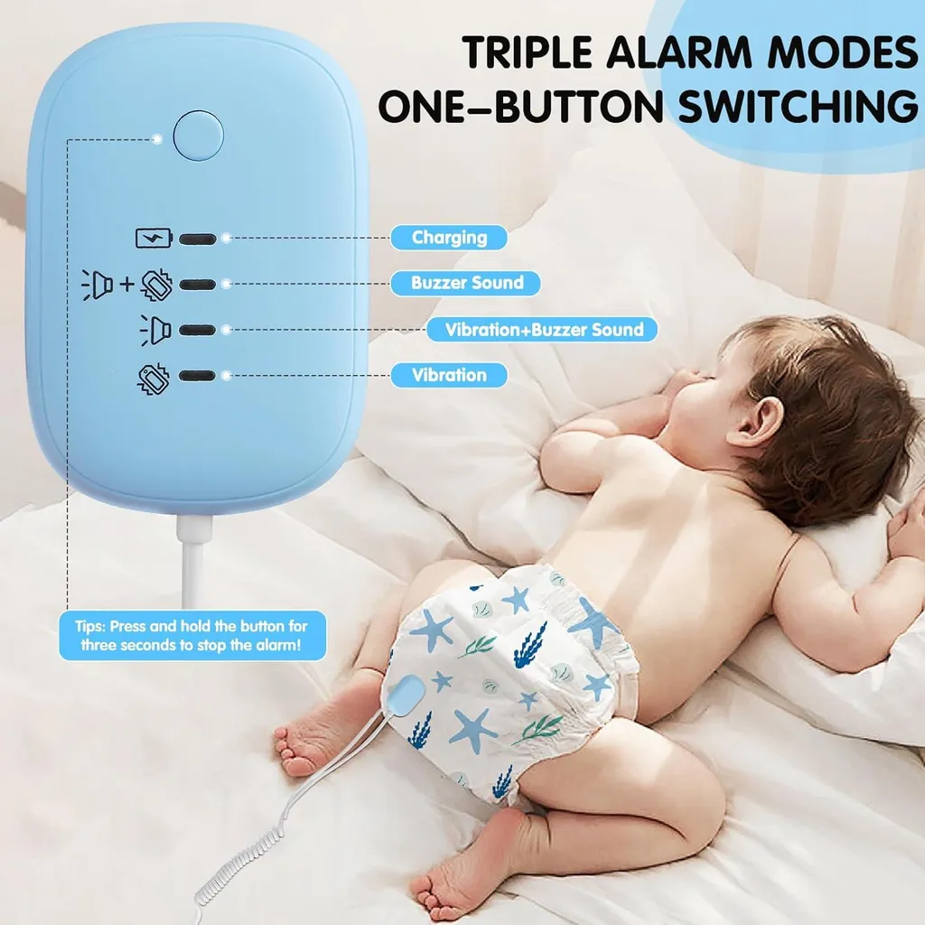 Blauer Baby-Alarm mit Lade-, Buzzer-, Vibrations- und Kombi-Alarmmodi.