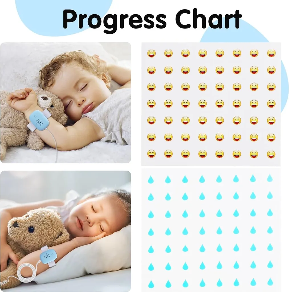 Fortschrittstabelle: Zwei schlafende Kinder mit Monitoren und Gitter aus Smiley-Gesichtern und Regentropfen.
