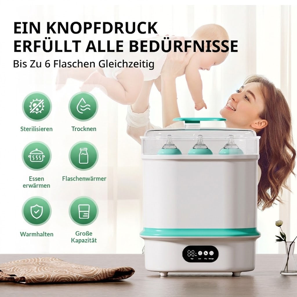 Babyflaschen-Sterilisator mit Mutter und Baby. Funktionen: Sterilisieren, Trocknen, Erwärmen.