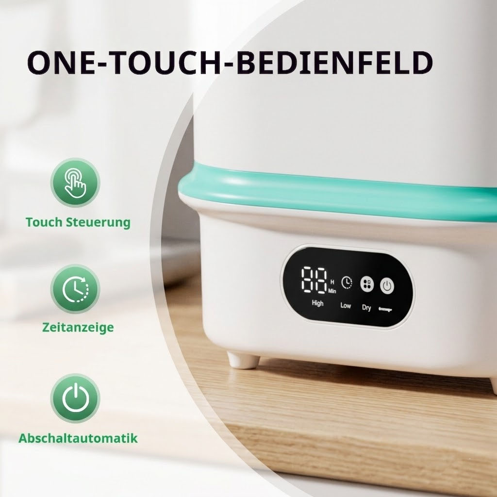 Bedienfeld mit Touch-Steuerung, Zeitanzeige und Abschaltautomatik.