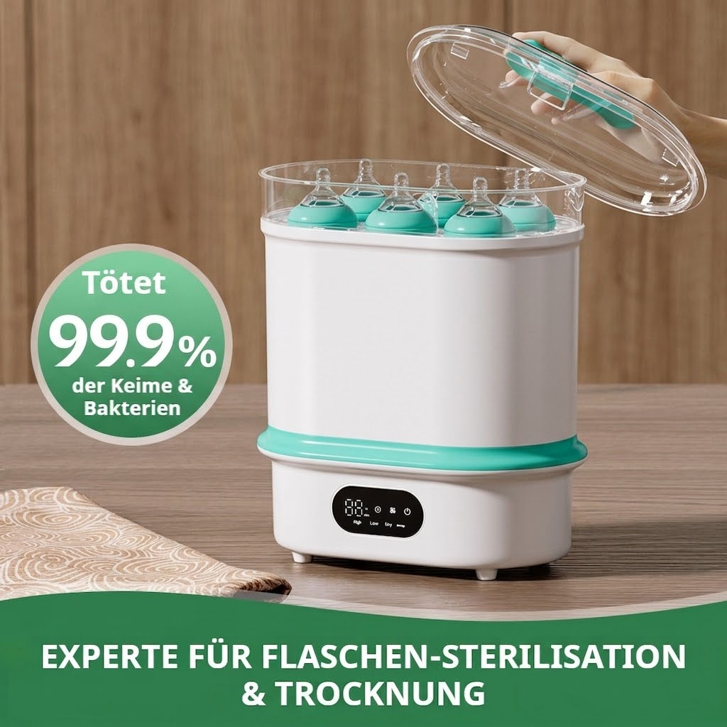 Ein Sterilisator für Babyflaschen mit türkisfarbenen Deckeln auf sechs Flaschen.