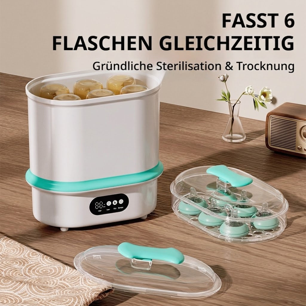 Ein Sterilisator für 6 Flaschen mit Zubehör auf einem Holztisch.