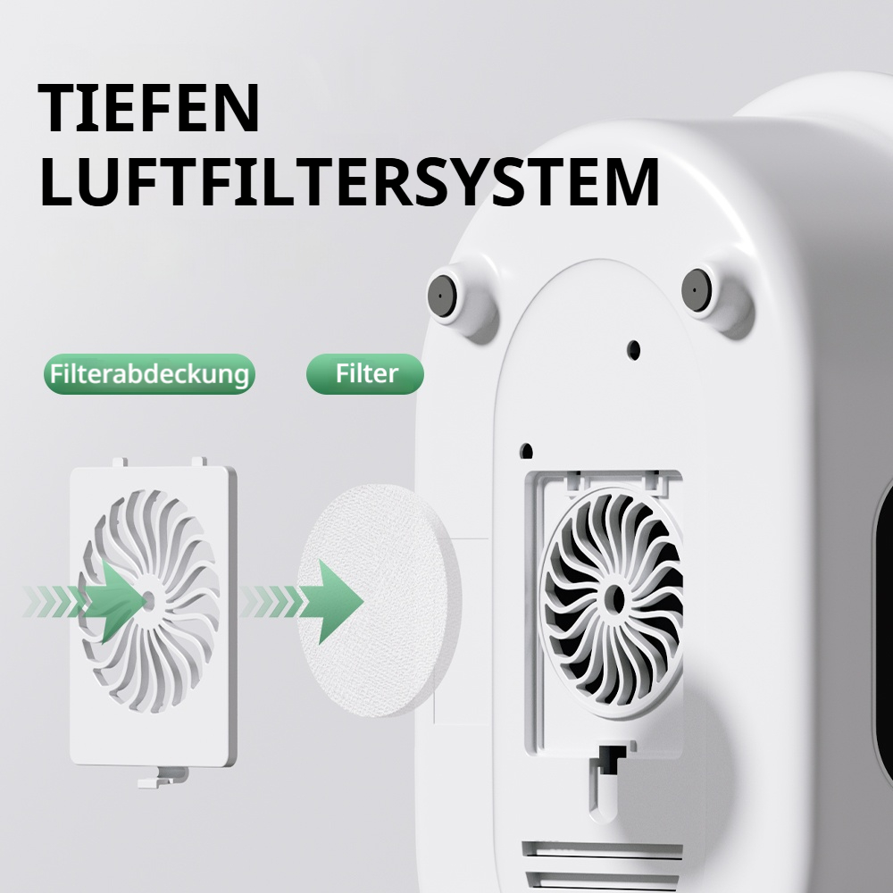 Nahaufnahme eines weißen Luftfiltersystems mit Text und Pfeilen.