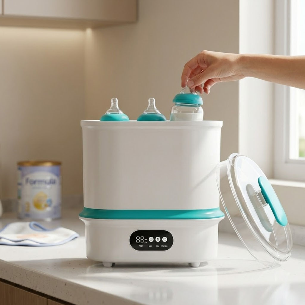 Ein weißer Flaschensterilisator mit türkisfarbenen Akzenten, gefüllt mit Babyflaschen.