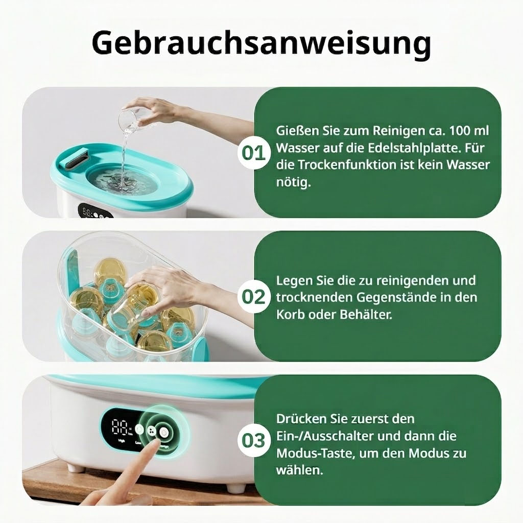 Anleitung: 1. Wasser einfüllen. 2. Gegenstände einlegen. 3. Gerät einschalten und Modus wählen.
