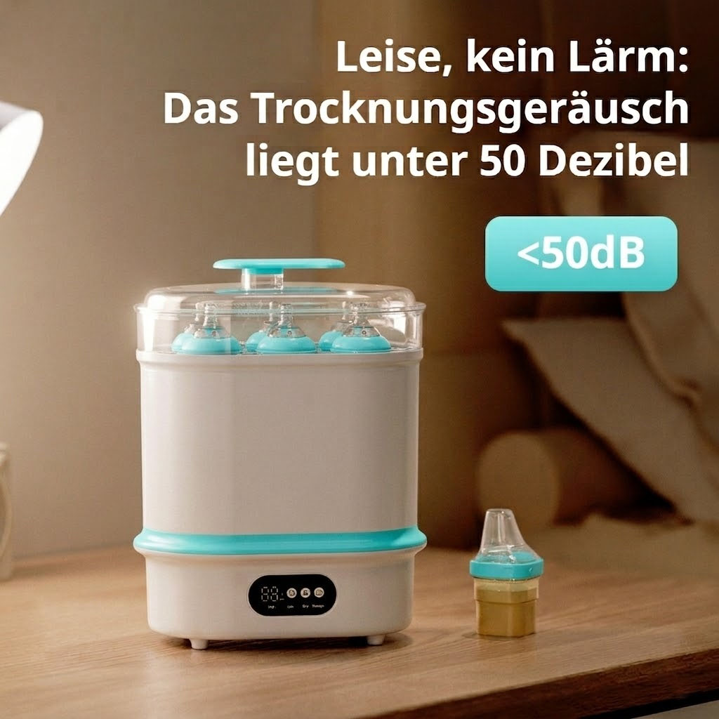 Ein weißer und türkiser Flaschensterilisator mit einem kleinen Fläschchen daneben.