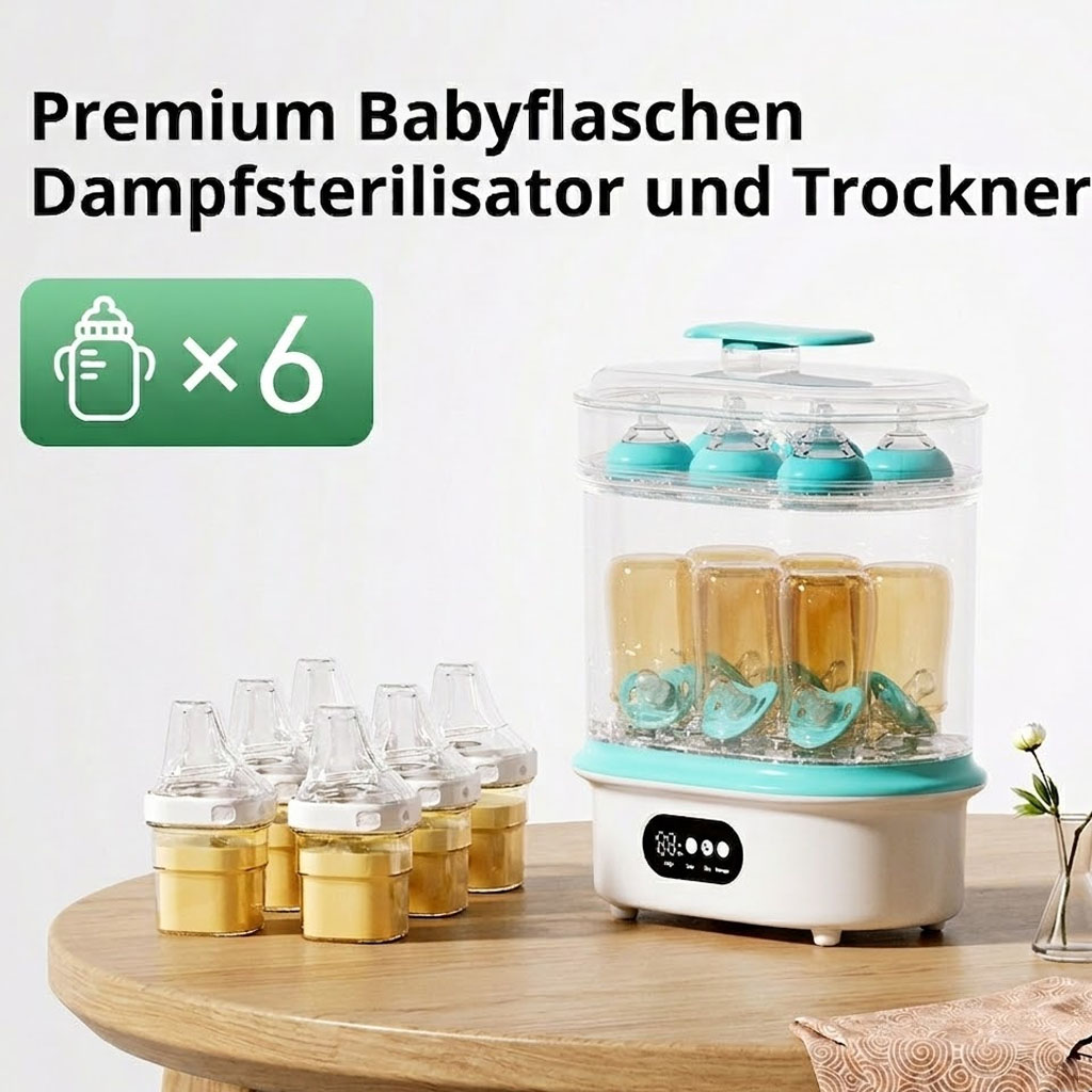 Ein weißer und türkisfarbener Flaschensterilisator und Trockner mit Flaschen darin und auf einem Tisch.