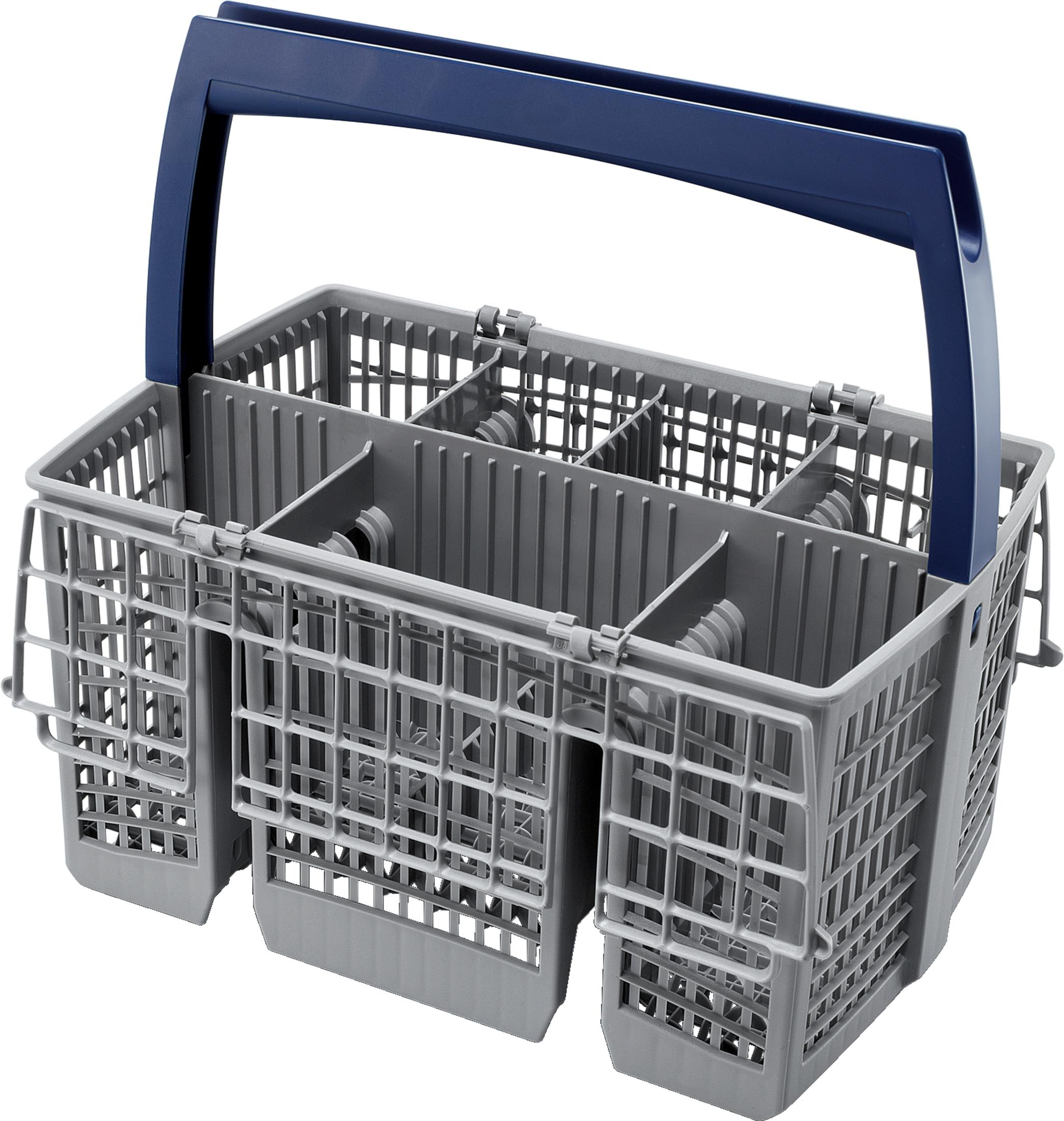 Cestello grigio per lavastoviglie con manico blu, su sfondo bianco.