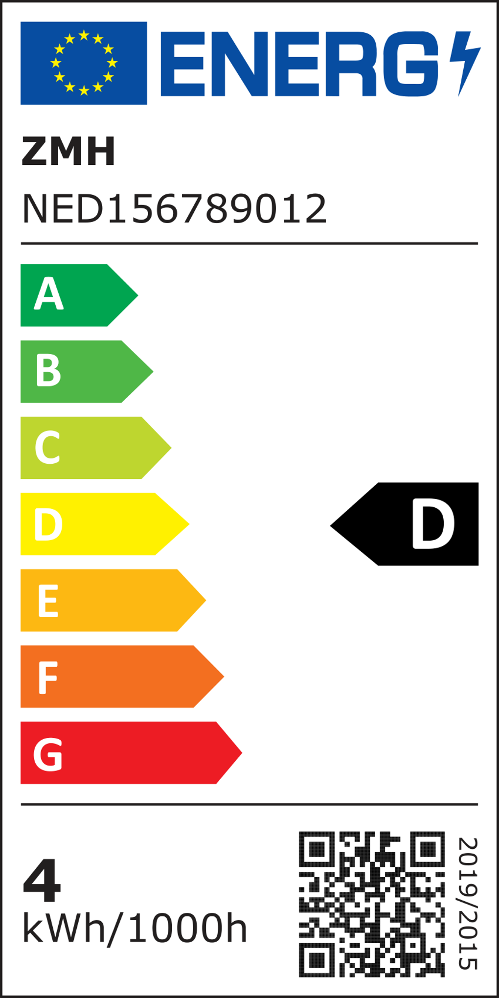 Energielabel mit Skala A-G, Energieeffizienzklasse D, 4 kWh/1000h.