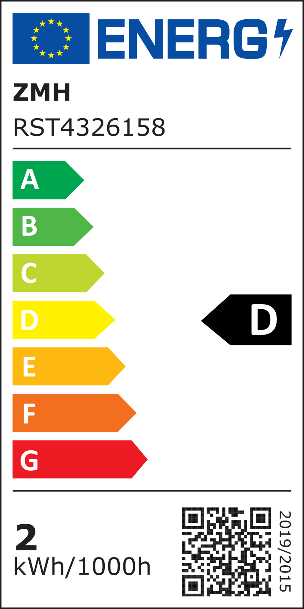 Energielabel mit Skala von A bis G, Energieklasse D, 2 kWh/1000h.