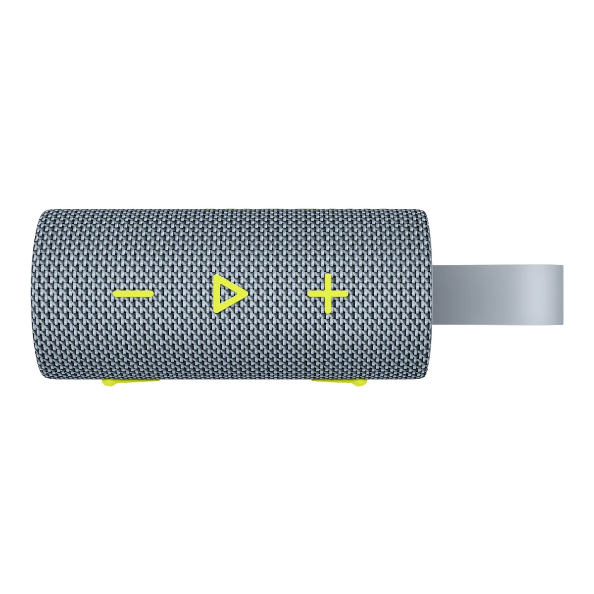 Altavoz gris con controles amarillos y correa.