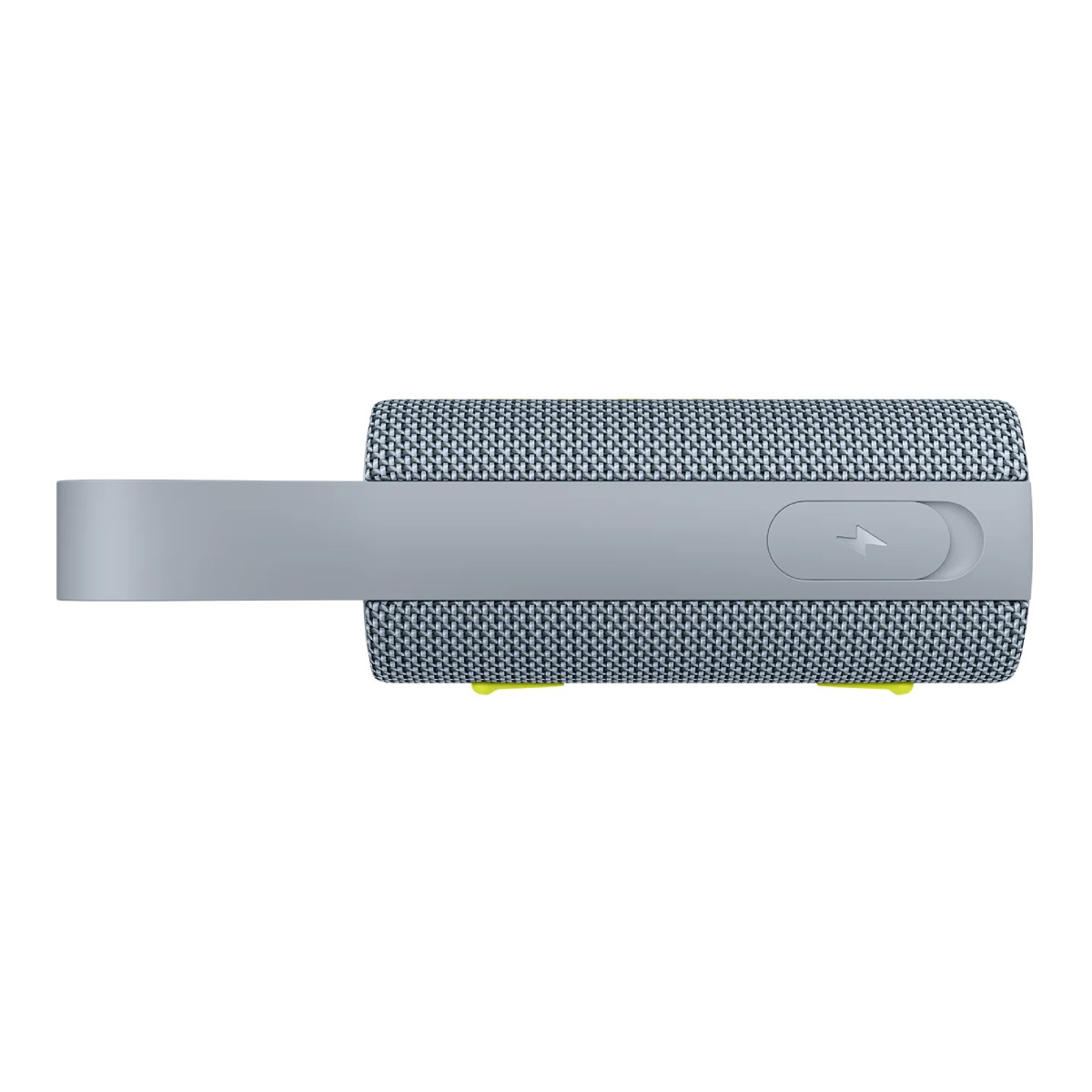 Altavoz Bluetooth gris con asa y símbolo de rayo.